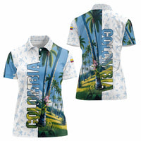Colombia Palm Tree Landscape Women Polo Shirt with Tropical Flowers and Blue Sky Design - Wonder Print Shop