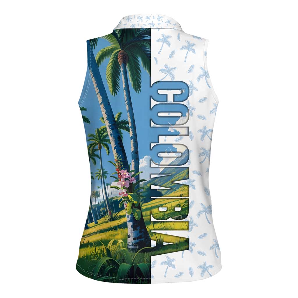 Colombia Palm Tree Landscape Women Sleeveless Polo Shirt with Tropical Flowers and Blue Sky Design - Wonder Print Shop