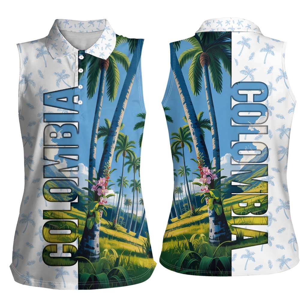 Colombia Palm Tree Landscape Women Sleeveless Polo Shirt with Tropical Flowers and Blue Sky Design - Wonder Print Shop