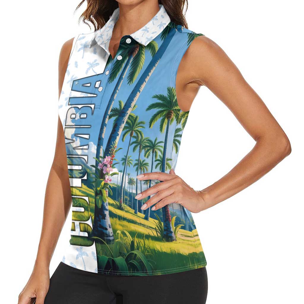 Colombia Palm Tree Landscape Women Sleeveless Polo Shirt with Tropical Flowers and Blue Sky Design - Wonder Print Shop
