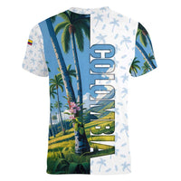 Colombia Palm Tree Landscape Women V-Neck T-Shirt with Tropical Flowers and Blue Sky Design - Wonder Print Shop