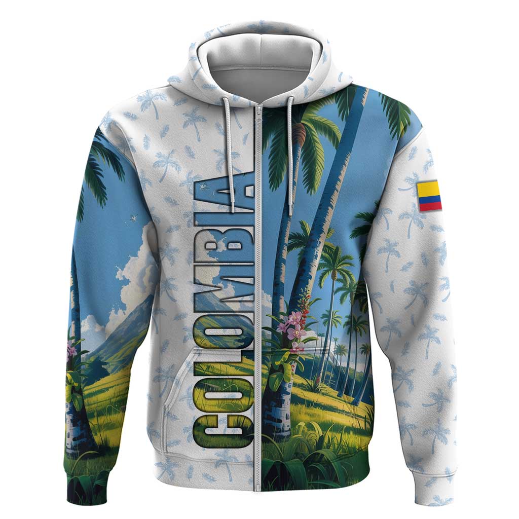 Colombia Palm Tree Landscape Zip Hoodie with Tropical Flowers and Blue Sky Design - Wonder Print Shop