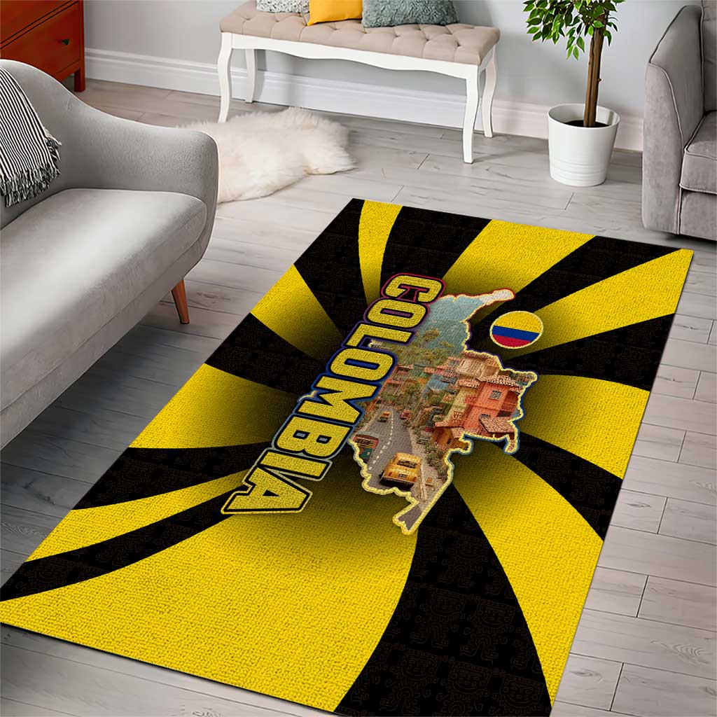Colombia Heritage Area Rug with Yellow Black Flag Map and City Street Art - Wonder Print Shop