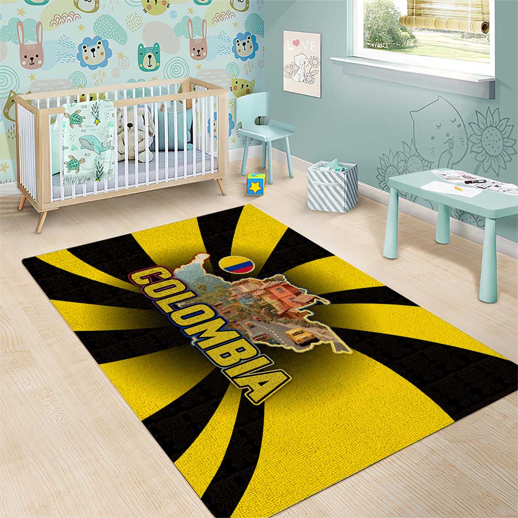Colombia Heritage Area Rug with Yellow Black Flag Map and City Street Art - Wonder Print Shop