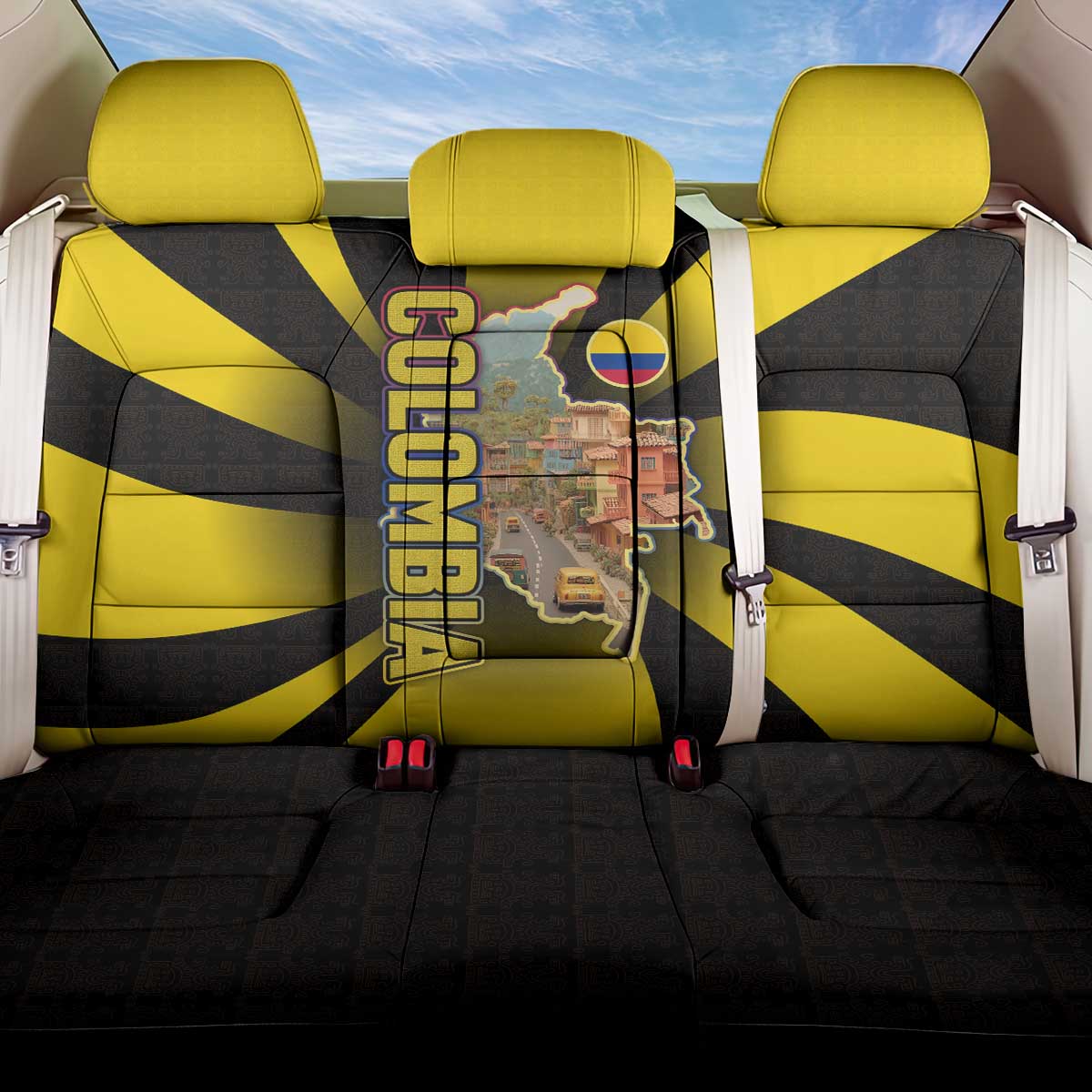 Colombia Heritage Back Car Seat Cover with Yellow Black Flag Map and City Street Art - Wonder Print Shop