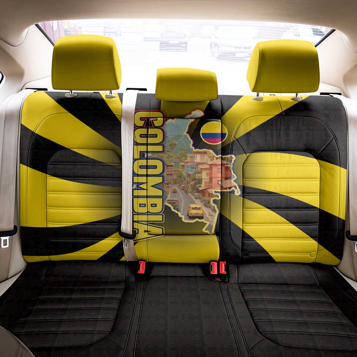 Colombia Heritage Back Car Seat Cover with Yellow Black Flag Map and City Street Art - Wonder Print Shop