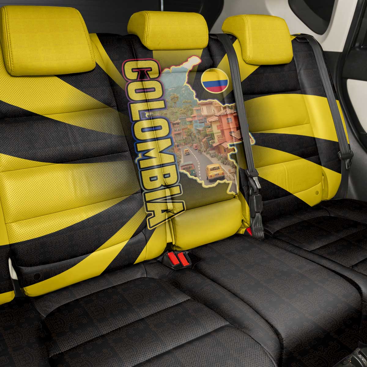 Colombia Heritage Back Car Seat Cover with Yellow Black Flag Map and City Street Art - Wonder Print Shop