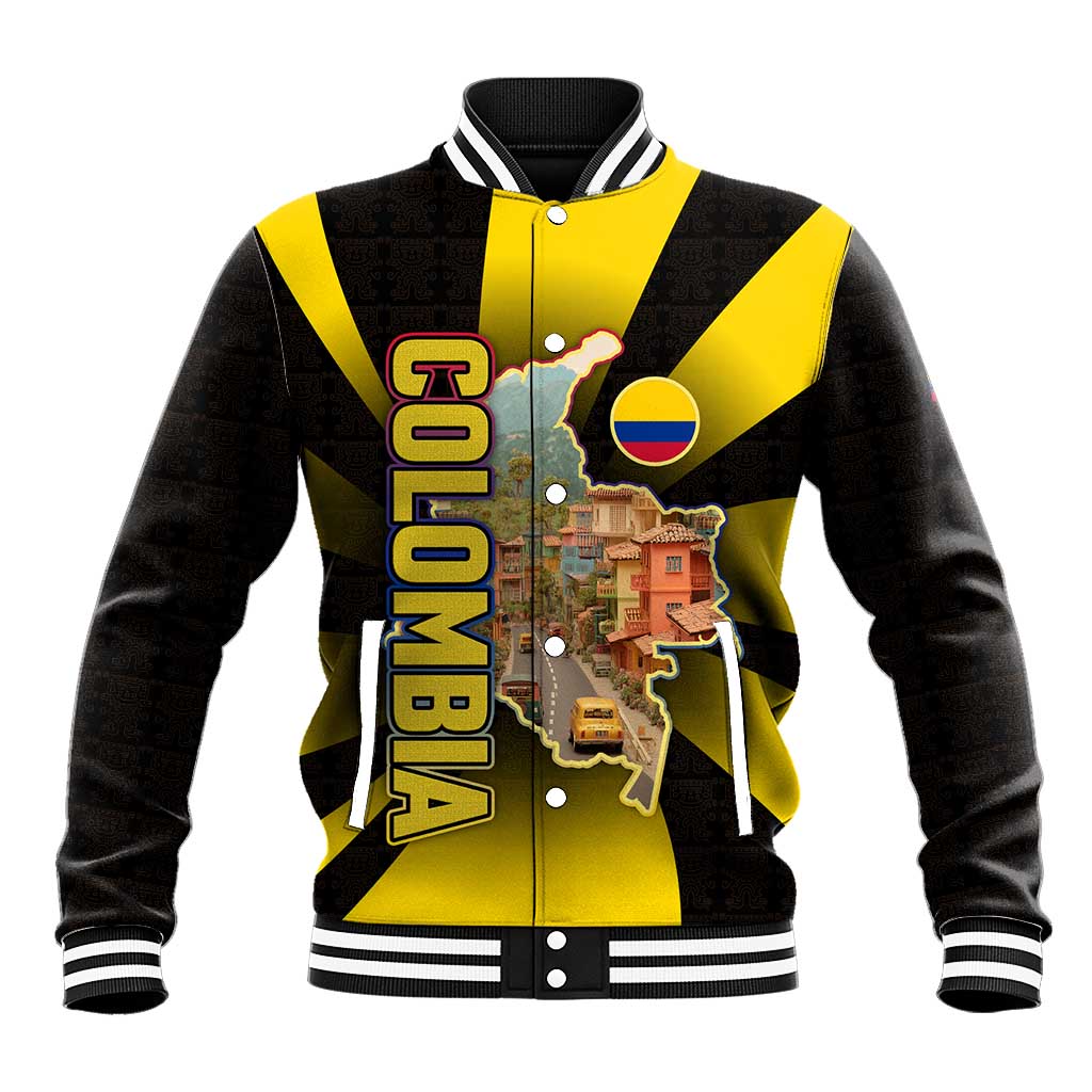 Colombia Heritage Baseball Jacket with Yellow Black Flag Map and City Street Art - Wonder Print Shop