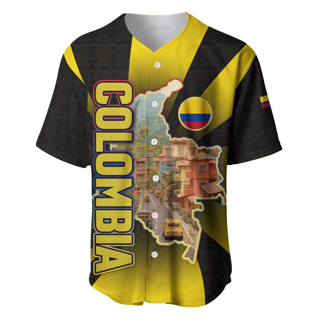 Colombia Heritage Baseball Jersey with Yellow Black Flag Map and City Street Art - Wonder Print Shop