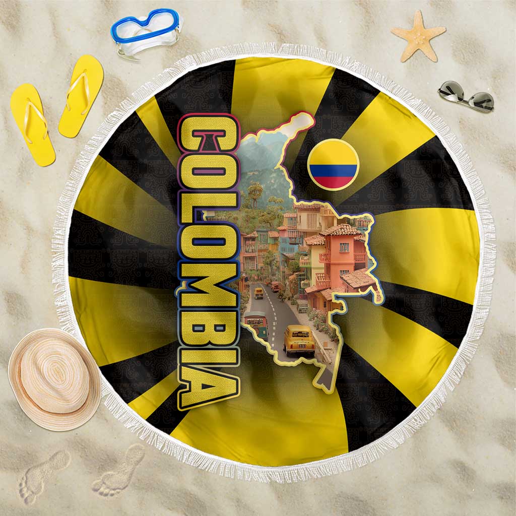 Colombia Heritage Beach Blanket with Yellow Black Flag Map and City Street Art - Wonder Print Shop
