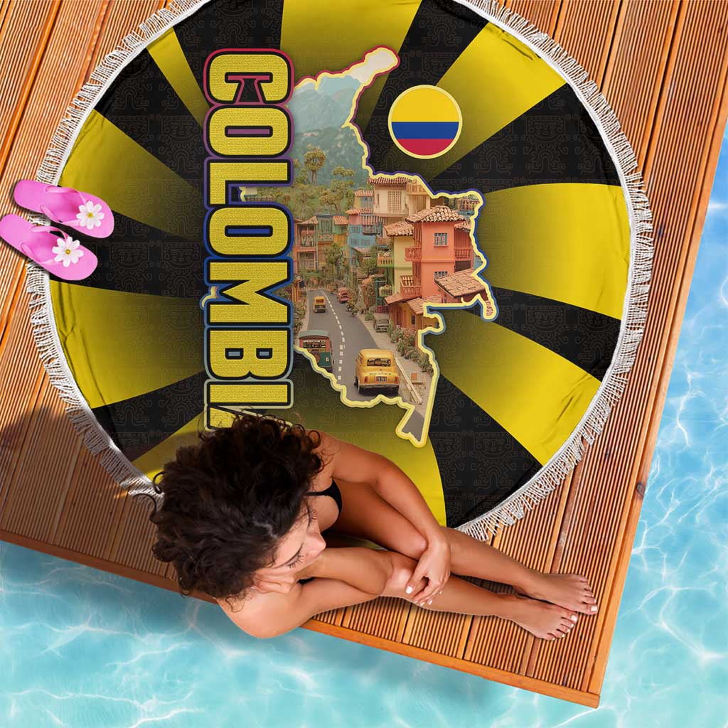 Colombia Heritage Beach Blanket with Yellow Black Flag Map and City Street Art - Wonder Print Shop