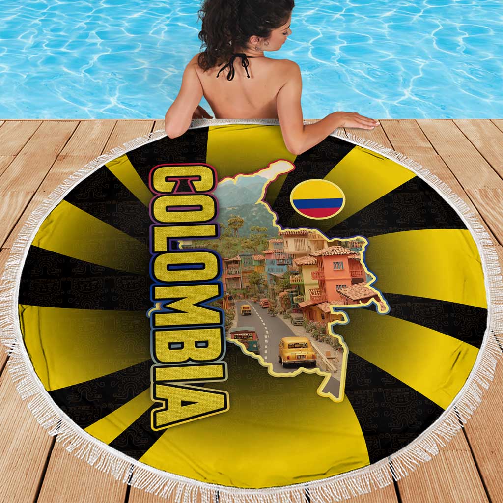 Colombia Heritage Beach Blanket with Yellow Black Flag Map and City Street Art - Wonder Print Shop