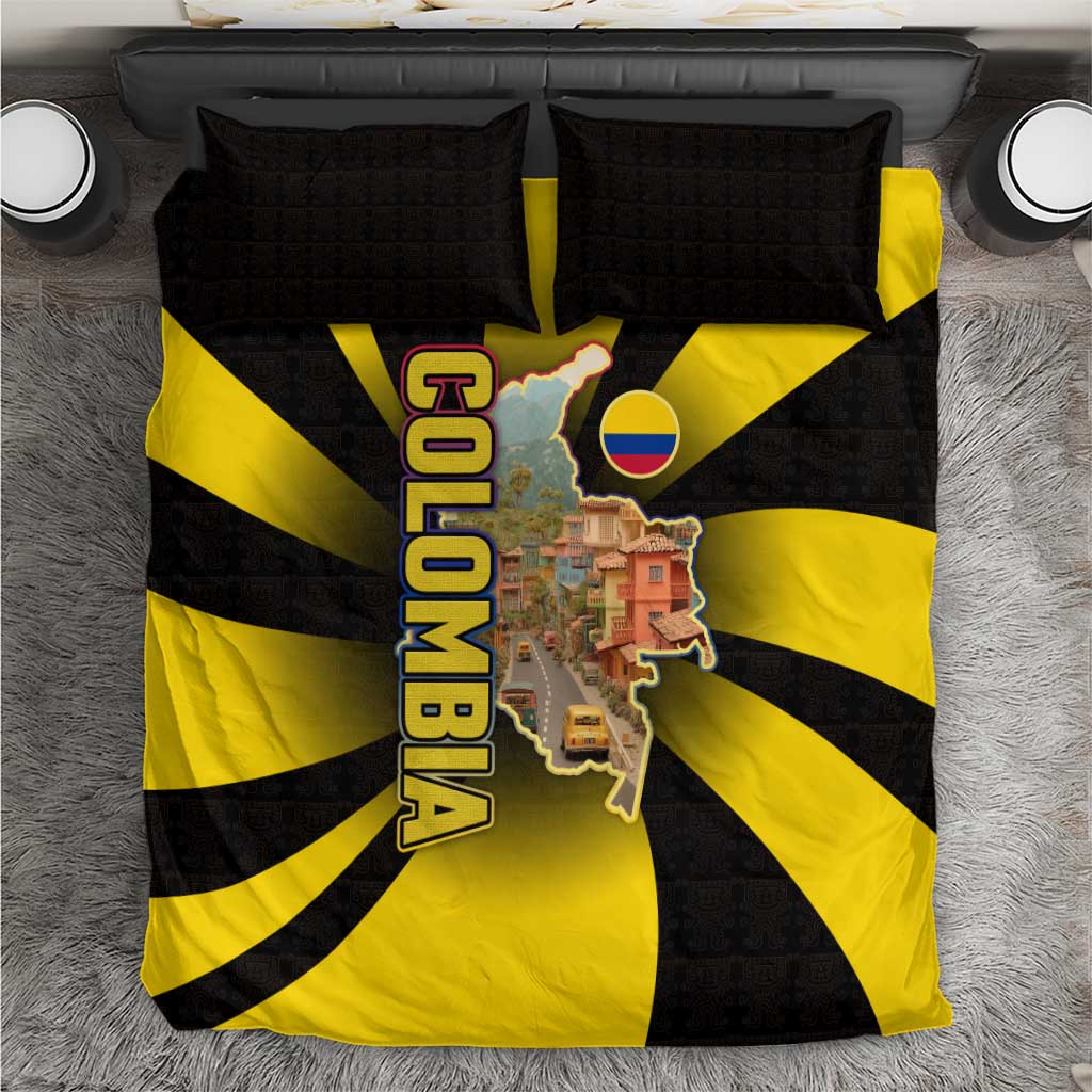 Colombia Heritage Bedding Set with Yellow Black Flag Map and City Street Art - Wonder Print Shop