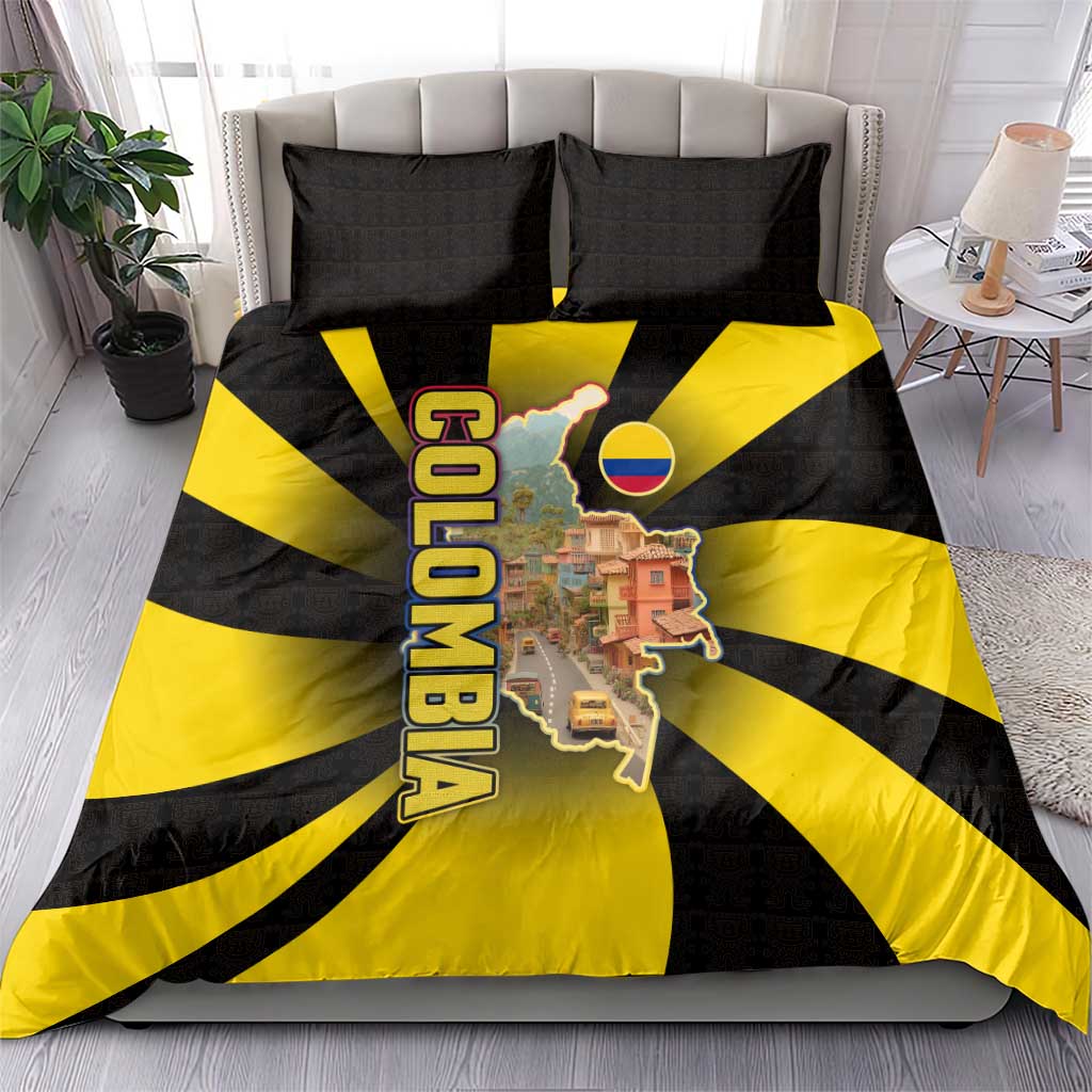 Colombia Heritage Bedding Set with Yellow Black Flag Map and City Street Art - Wonder Print Shop