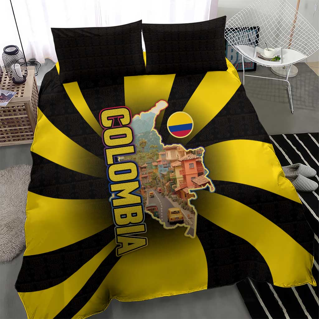 Colombia Heritage Bedding Set with Yellow Black Flag Map and City Street Art - Wonder Print Shop