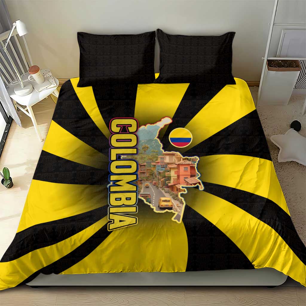 Colombia Heritage Bedding Set with Yellow Black Flag Map and City Street Art - Wonder Print Shop