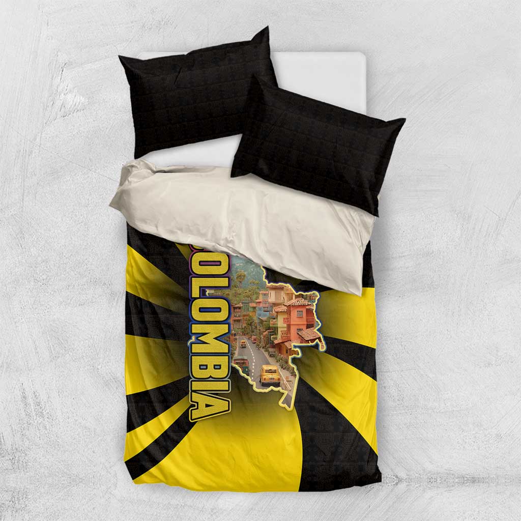 Colombia Heritage Bedding Set with Yellow Black Flag Map and City Street Art - Wonder Print Shop