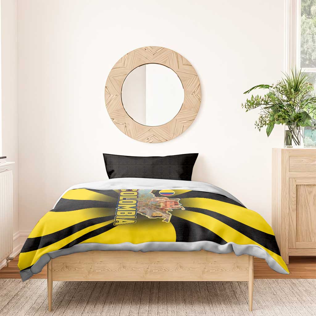 Colombia Heritage Bedding Set with Yellow Black Flag Map and City Street Art - Wonder Print Shop