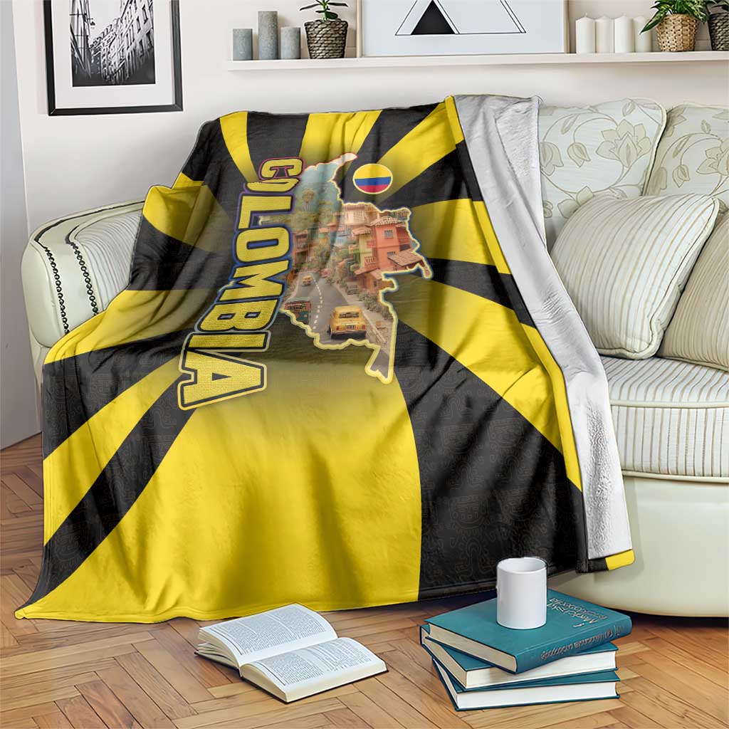 Colombia Heritage Blanket with Yellow Black Flag Map and City Street Art - Wonder Print Shop