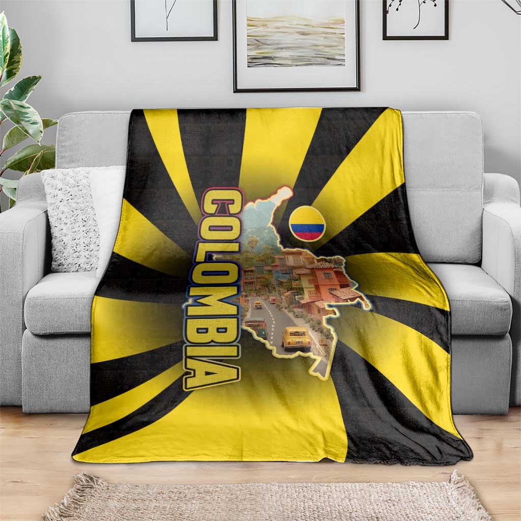 Colombia Heritage Blanket with Yellow Black Flag Map and City Street Art - Wonder Print Shop