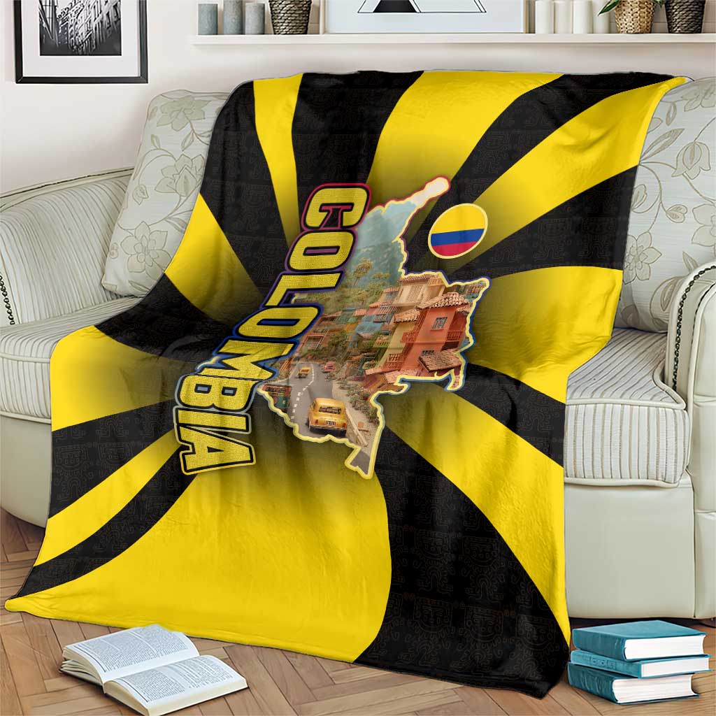 Colombia Heritage Blanket with Yellow Black Flag Map and City Street Art - Wonder Print Shop