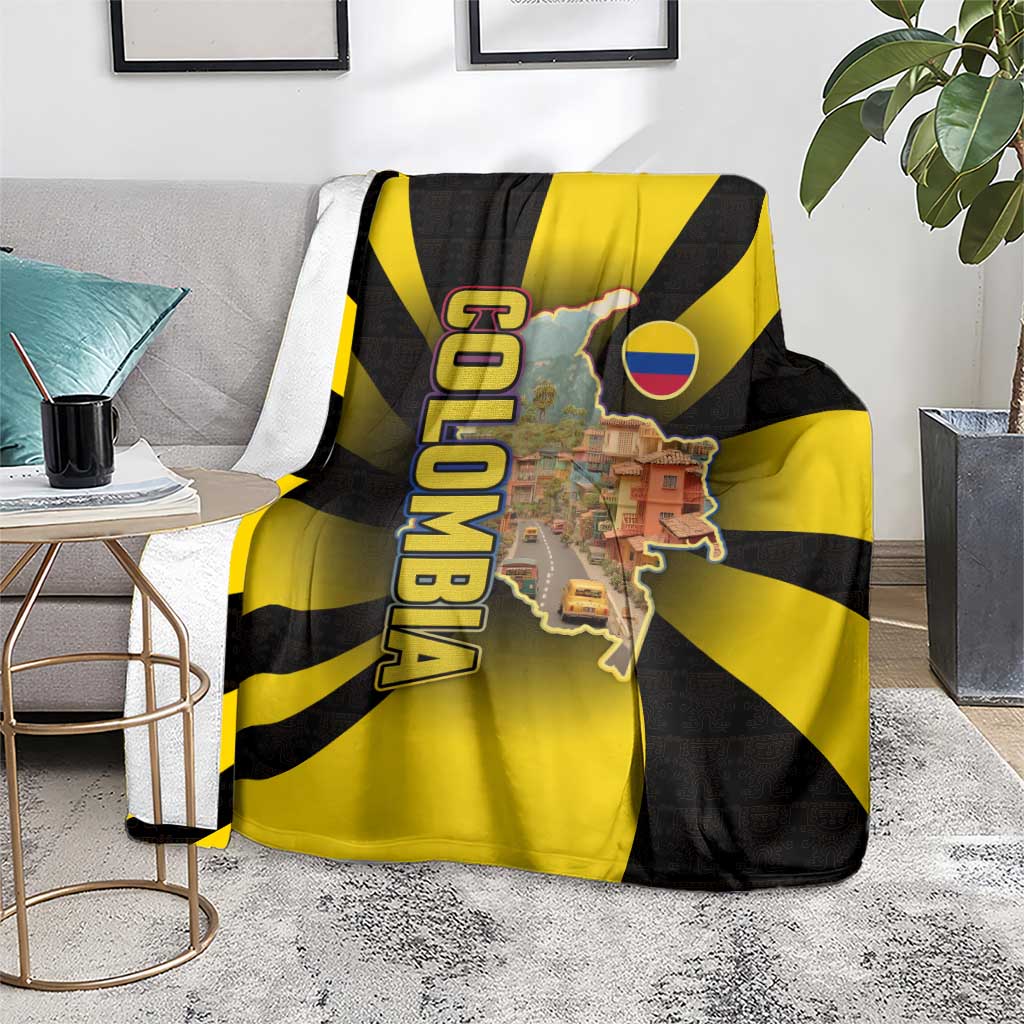 Colombia Heritage Blanket with Yellow Black Flag Map and City Street Art - Wonder Print Shop