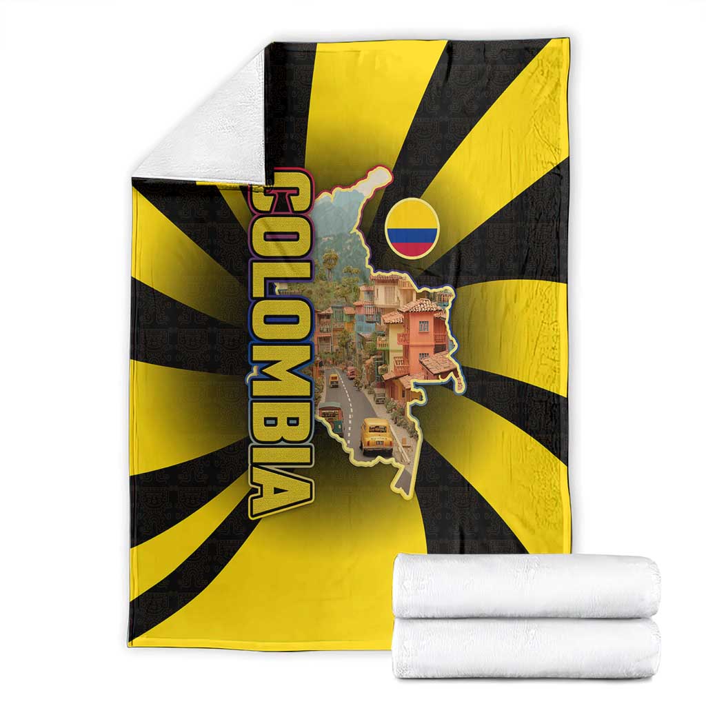 Colombia Heritage Blanket with Yellow Black Flag Map and City Street Art - Wonder Print Shop