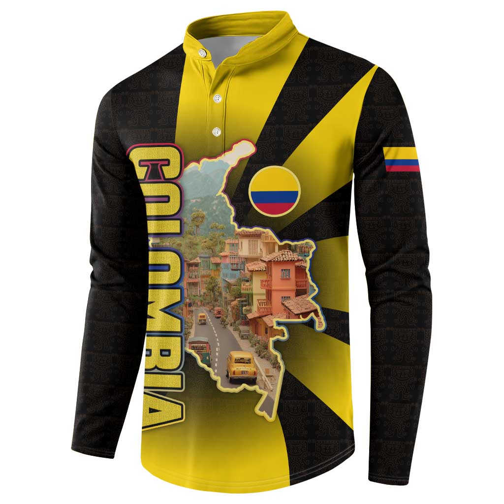 Colombia Heritage Button Sweatshirt with Yellow Black Flag Map and City Street Art - Wonder Print Shop
