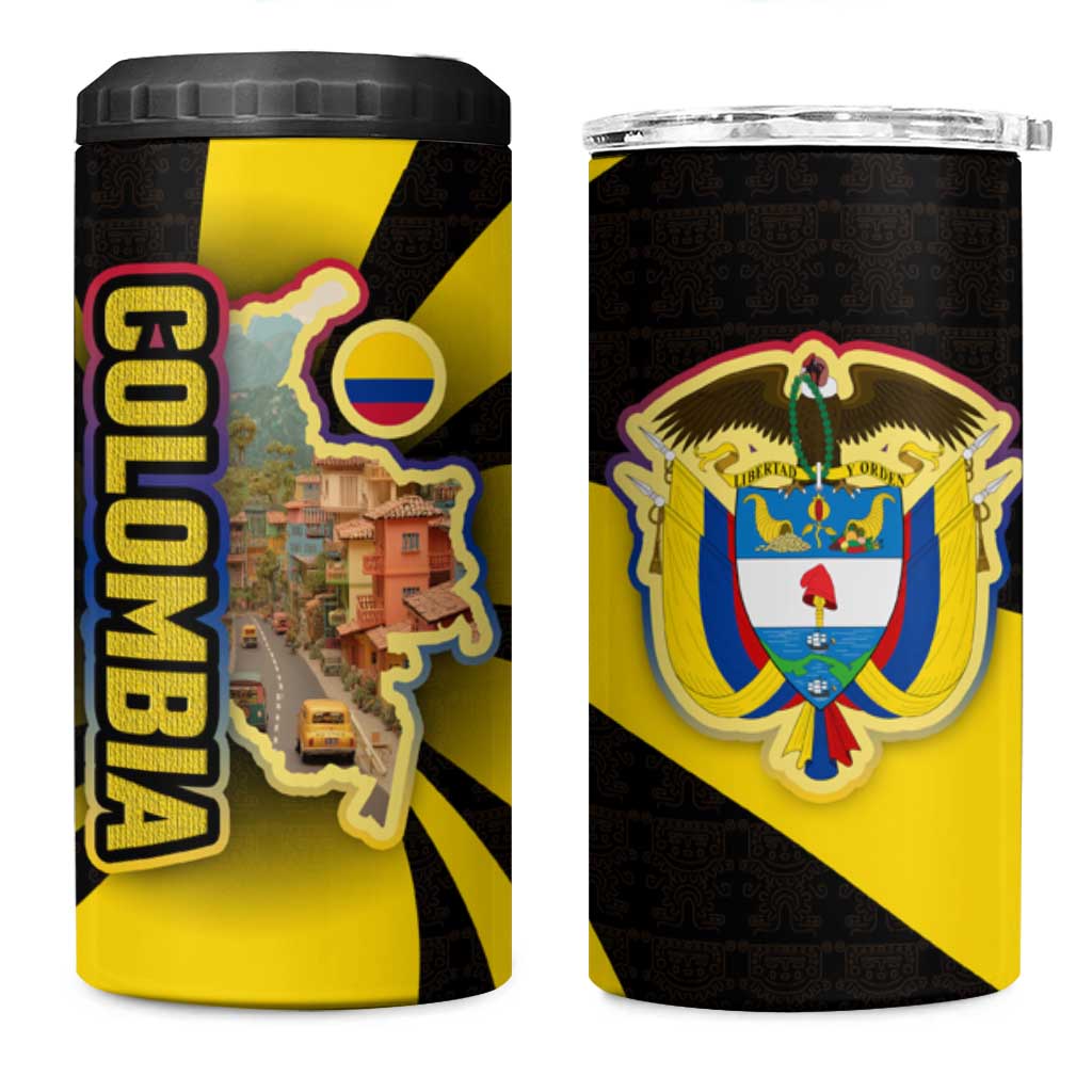 Colombia Heritage 4 in 1 Can Cooler Tumbler with Yellow Black Flag Map and City Street Art - Wonder Print Shop