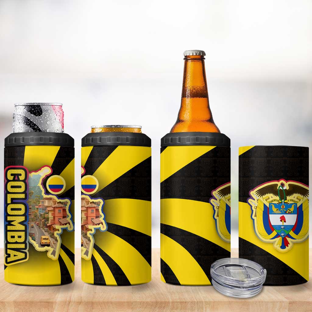 Colombia Heritage 4 in 1 Can Cooler Tumbler with Yellow Black Flag Map and City Street Art - Wonder Print Shop