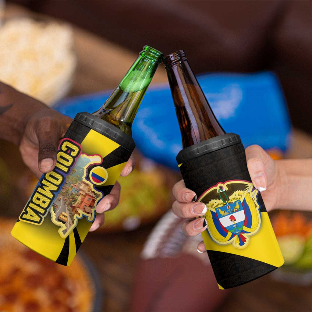 Colombia Heritage 4 in 1 Can Cooler Tumbler with Yellow Black Flag Map and City Street Art - Wonder Print Shop