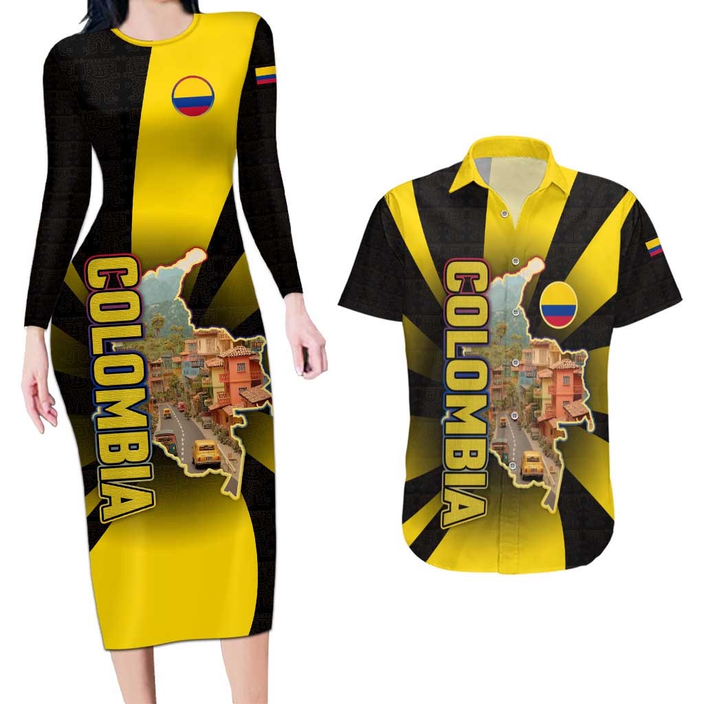 Colombia Heritage Couples Matching Long Sleeve Bodycon Dress and Hawaiian Shirt with Yellow Black Flag Map and City Street Art - Wonder Print Shop