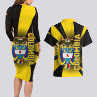 Colombia Heritage Couples Matching Long Sleeve Bodycon Dress and Hawaiian Shirt with Yellow Black Flag Map and City Street Art - Wonder Print Shop