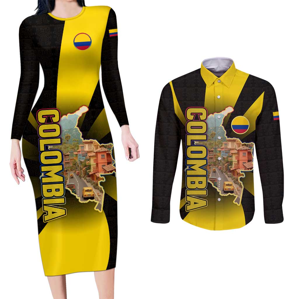 Colombia Heritage Couples Matching Long Sleeve Bodycon Dress and Long Sleeve Button Shirt with Yellow Black Flag Map and City Street Art - Wonder Print Shop