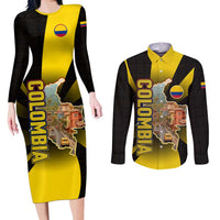 Colombia Heritage Couples Matching Long Sleeve Bodycon Dress and Long Sleeve Button Shirt with Yellow Black Flag Map and City Street Art - Wonder Print Shop