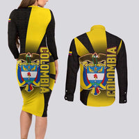 Colombia Heritage Couples Matching Long Sleeve Bodycon Dress and Long Sleeve Button Shirt with Yellow Black Flag Map and City Street Art - Wonder Print Shop