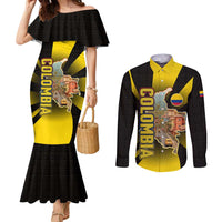 Colombia Heritage Couples Matching Mermaid Dress and Long Sleeve Button Shirt with Yellow Black Flag Map and City Street Art - Wonder Print Shop