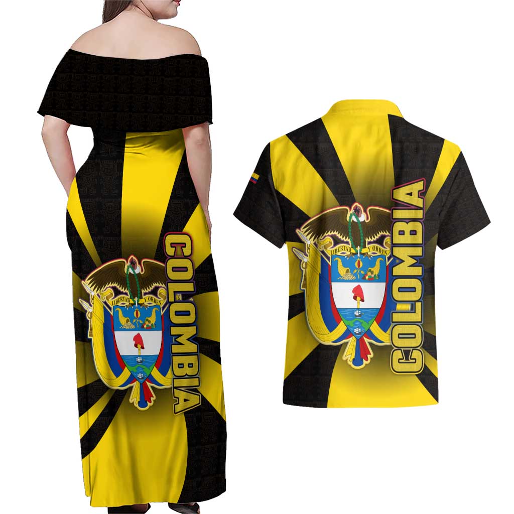 Colombia Heritage Couples Matching Off Shoulder Maxi Dress and Hawaiian Shirt with Yellow Black Flag Map and City Street Art - Wonder Print Shop