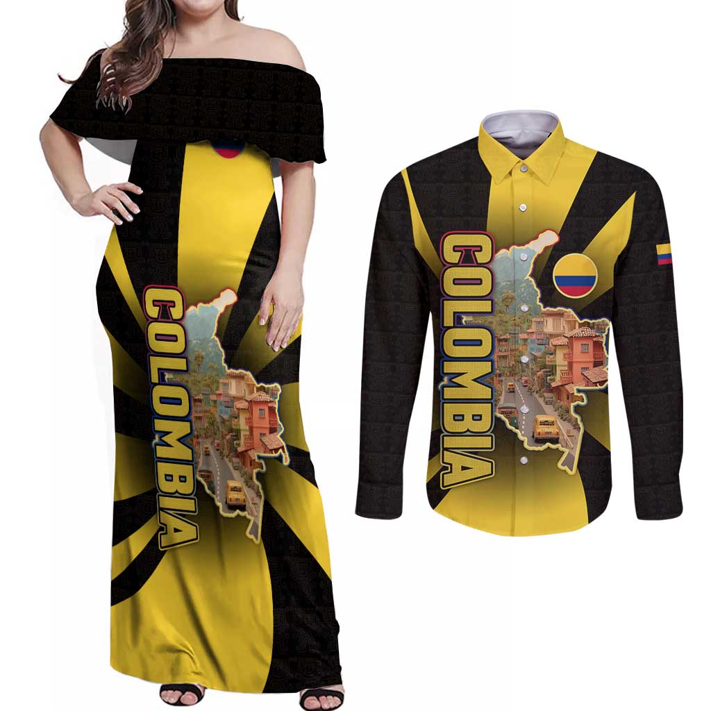 Colombia Heritage Couples Matching Off Shoulder Maxi Dress and Long Sleeve Button Shirt with Yellow Black Flag Map and City Street Art - Wonder Print Shop