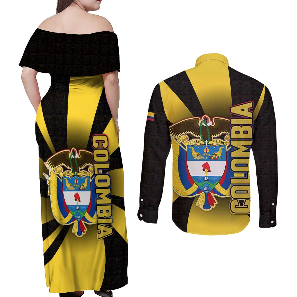 Colombia Heritage Couples Matching Off Shoulder Maxi Dress and Long Sleeve Button Shirt with Yellow Black Flag Map and City Street Art - Wonder Print Shop