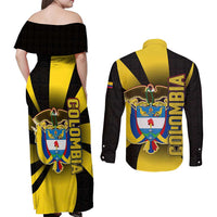 Colombia Heritage Couples Matching Off Shoulder Maxi Dress and Long Sleeve Button Shirt with Yellow Black Flag Map and City Street Art - Wonder Print Shop