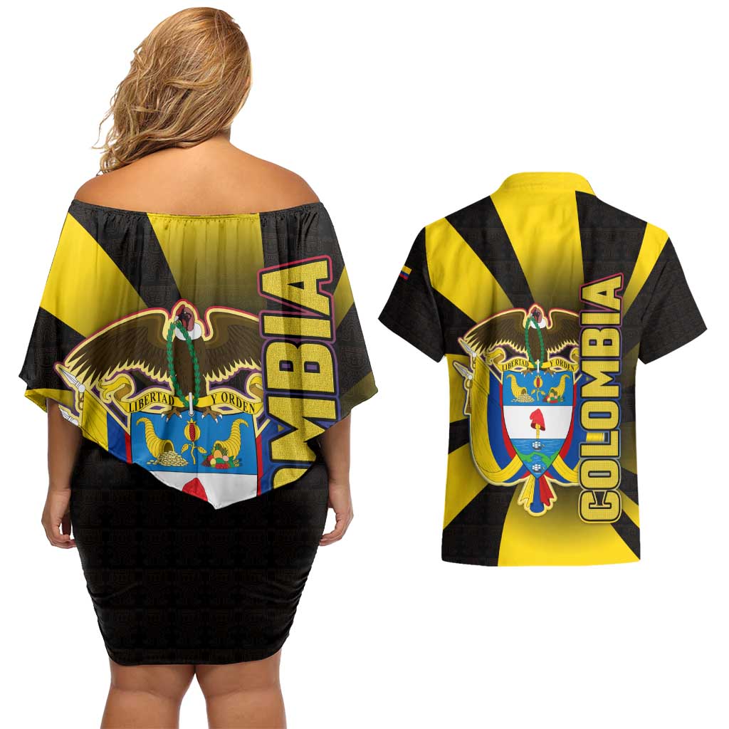 Colombia Heritage Couples Matching Off Shoulder Short Dress and Hawaiian Shirt with Yellow Black Flag Map and City Street Art - Wonder Print Shop