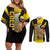 Colombia Heritage Couples Matching Off Shoulder Short Dress and Long Sleeve Button Shirt with Yellow Black Flag Map and City Street Art - Wonder Print Shop
