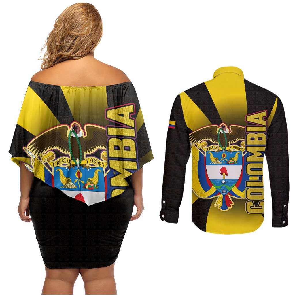 Colombia Heritage Couples Matching Off Shoulder Short Dress and Long Sleeve Button Shirt with Yellow Black Flag Map and City Street Art - Wonder Print Shop