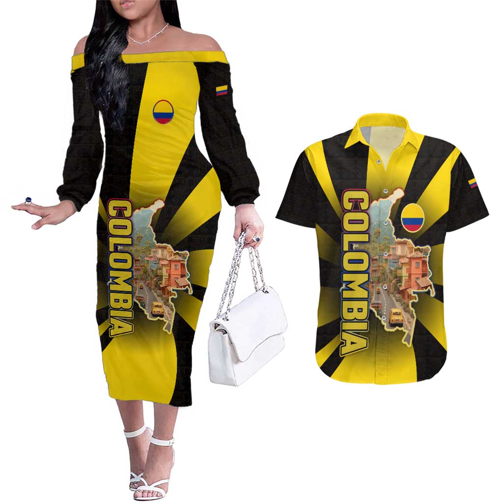Colombia Heritage Couples Matching Off The Shoulder Long Sleeve Dress and Hawaiian Shirt with Yellow Black Flag Map and City Street Art - Wonder Print Shop
