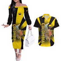 Colombia Heritage Couples Matching Off The Shoulder Long Sleeve Dress and Hawaiian Shirt with Yellow Black Flag Map and City Street Art - Wonder Print Shop
