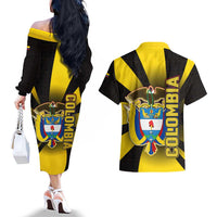 Colombia Heritage Couples Matching Off The Shoulder Long Sleeve Dress and Hawaiian Shirt with Yellow Black Flag Map and City Street Art - Wonder Print Shop