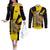 Colombia Heritage Couples Matching Off The Shoulder Long Sleeve Dress and Long Sleeve Button Shirt with Yellow Black Flag Map and City Street Art - Wonder Print Shop
