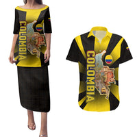 Colombia Heritage Couples Matching Puletasi and Hawaiian Shirt with Yellow Black Flag Map and City Street Art - Wonder Print Shop