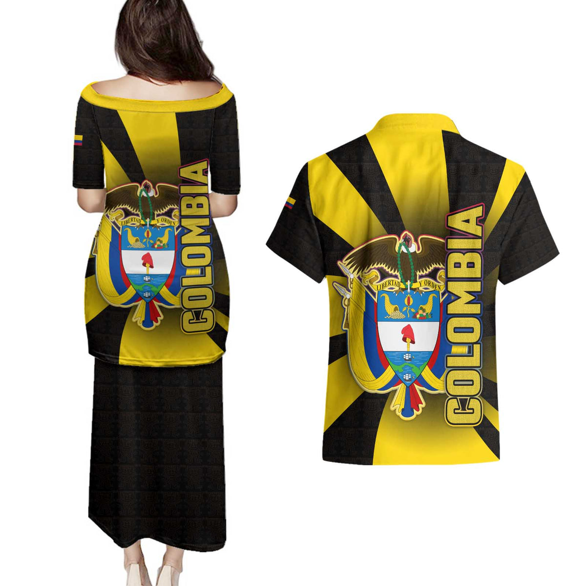 Colombia Heritage Couples Matching Puletasi and Hawaiian Shirt with Yellow Black Flag Map and City Street Art - Wonder Print Shop